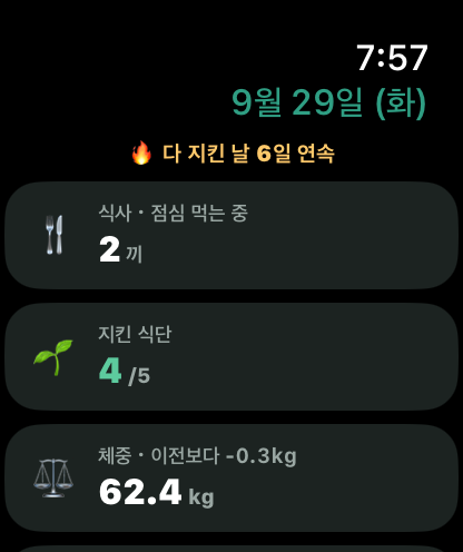 애플워치 오늘 화면 — 식사 2끼, 지킨 식단 4/5, 체중