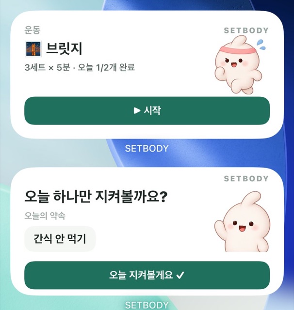 SETBODY 홈 화면 위젯 — 운동 시작 버튼, 오늘 하나만 지켜볼까요? 간식 안 먹기